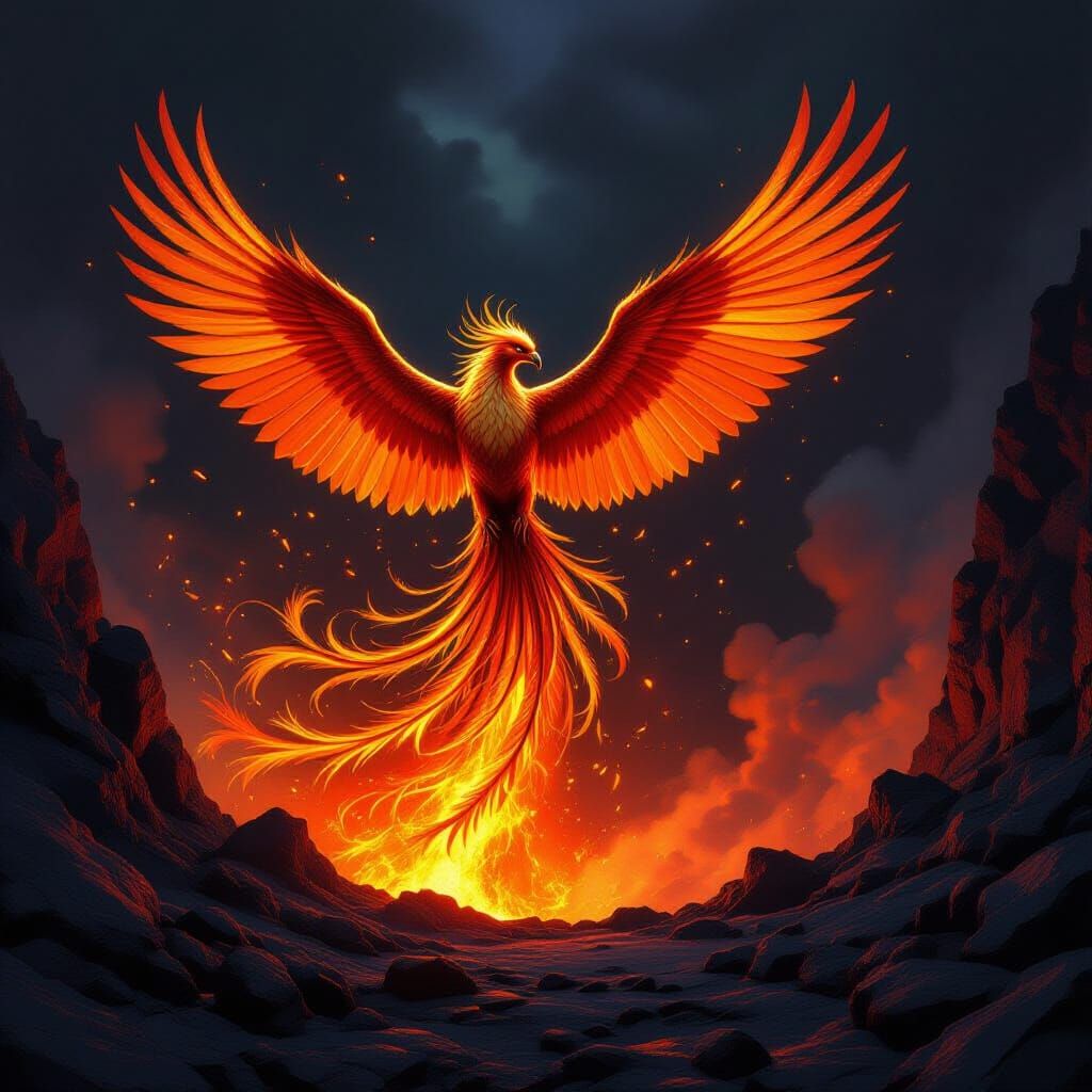 Majestic Phoenix Erupts from Volcanic Crater in Fiery Style