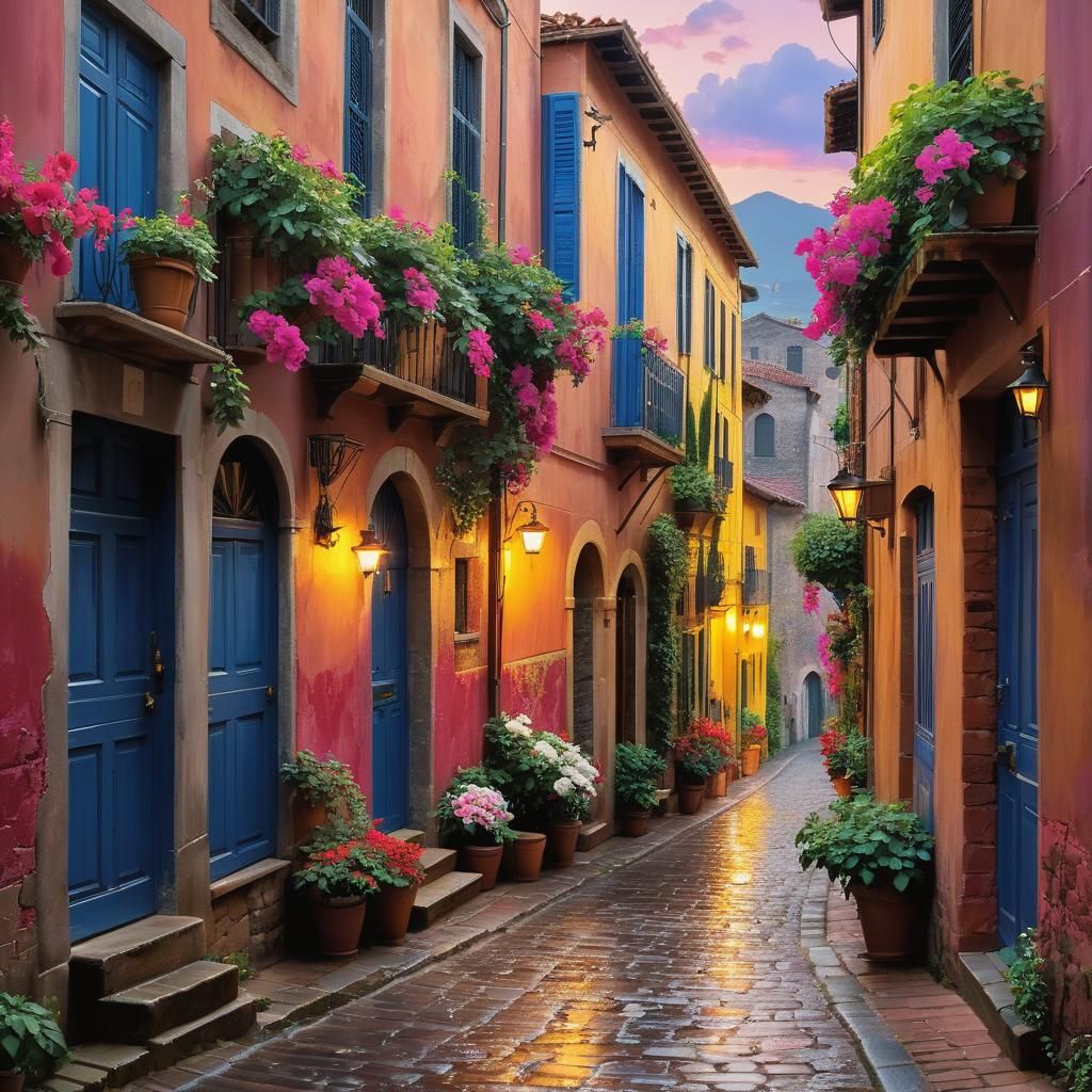 Italian Alleyway at Golden Hour in Impressionistic Style