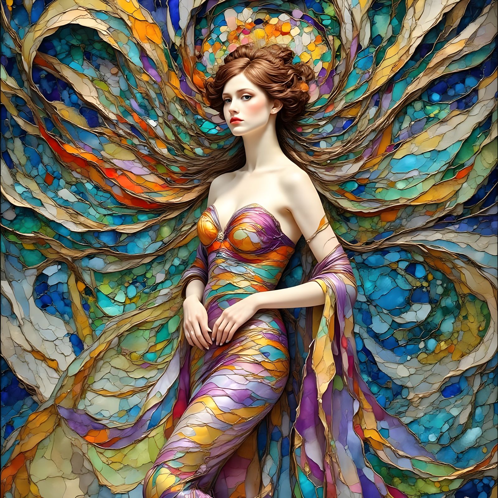 Sensual Woman in Alcohol Ink Art Nouveau Style