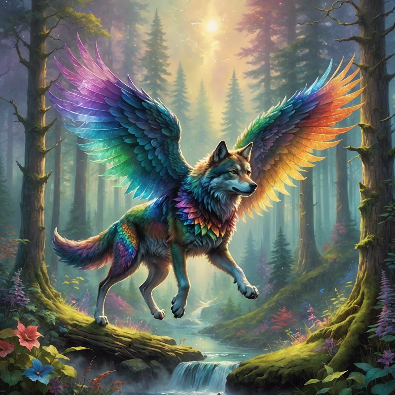 Rainbow Winged Wolf Flies Over Fairy Forest