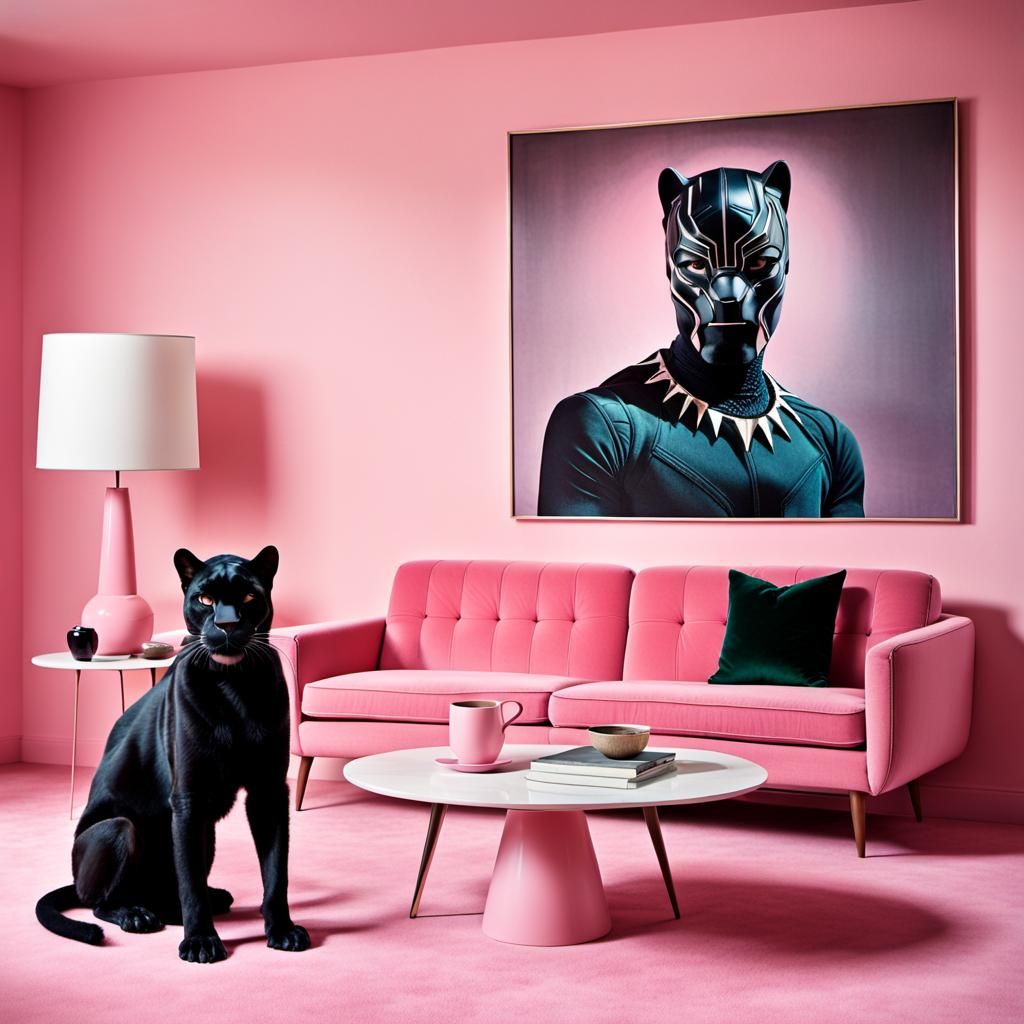 Black Panther on Pink Sofa: Mid-Century Modern Ad