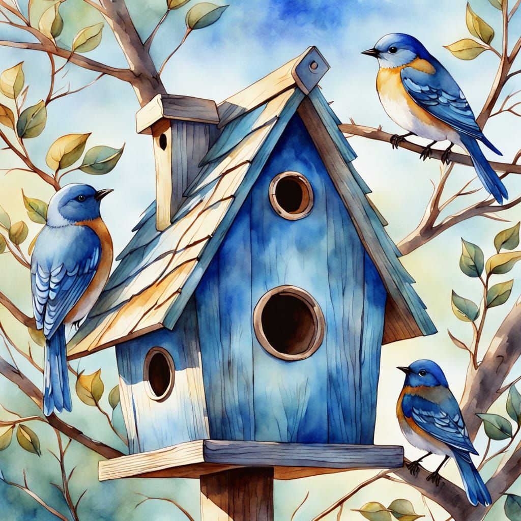 Charming Birdhouse with Bluebirds in Watercolor Style