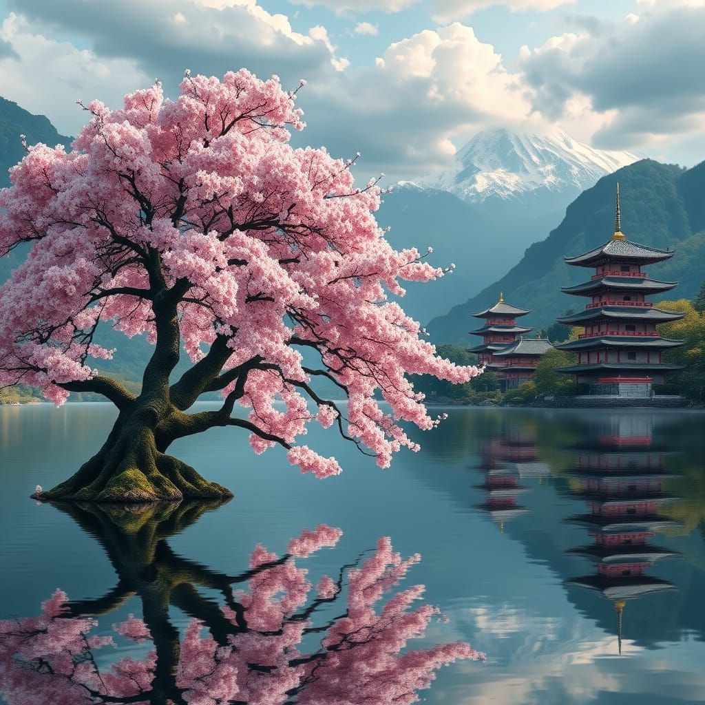Sakura Tree Reflection: Japanese Temple Art