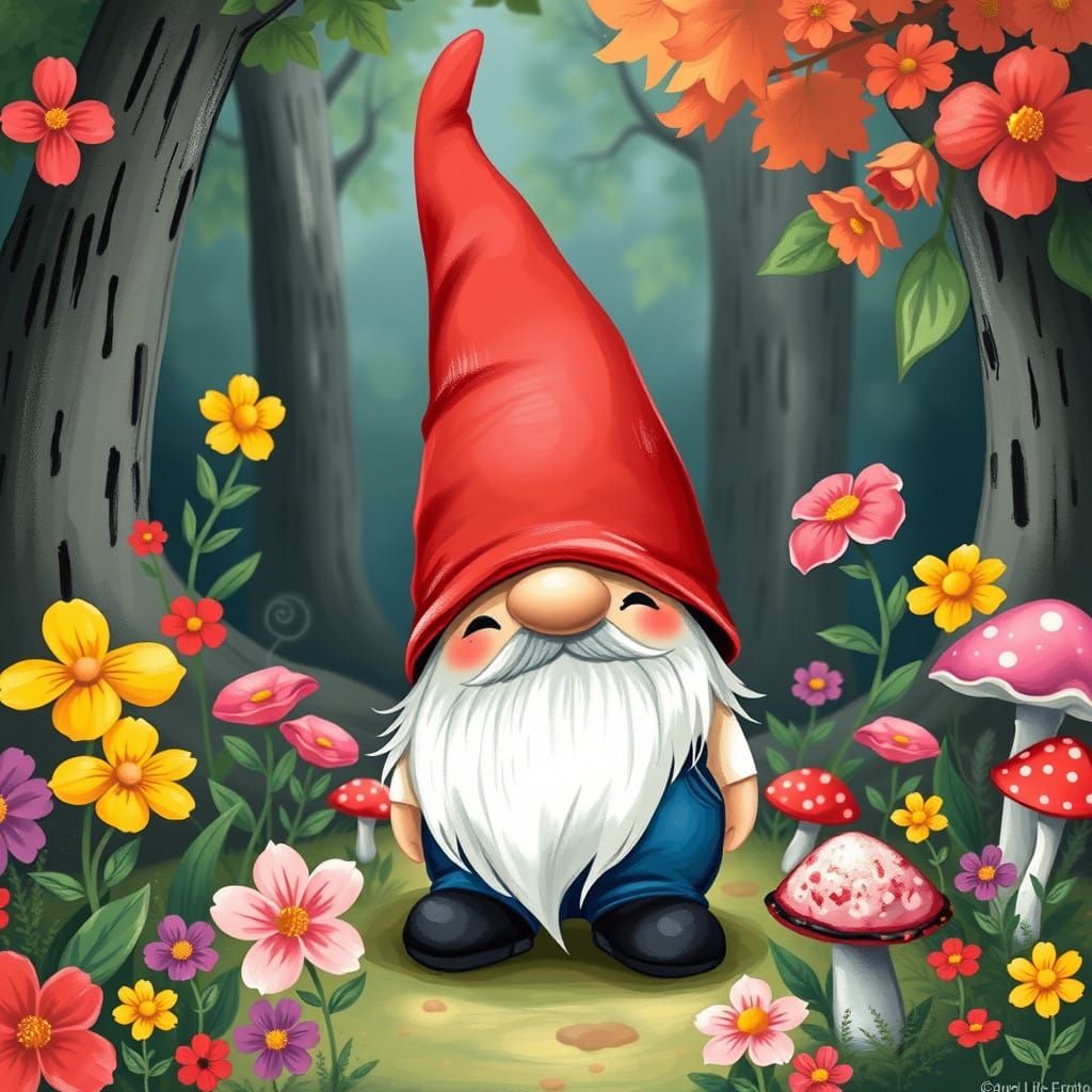Whimsical Forest Gnome with Bright Red Hat and Flowers