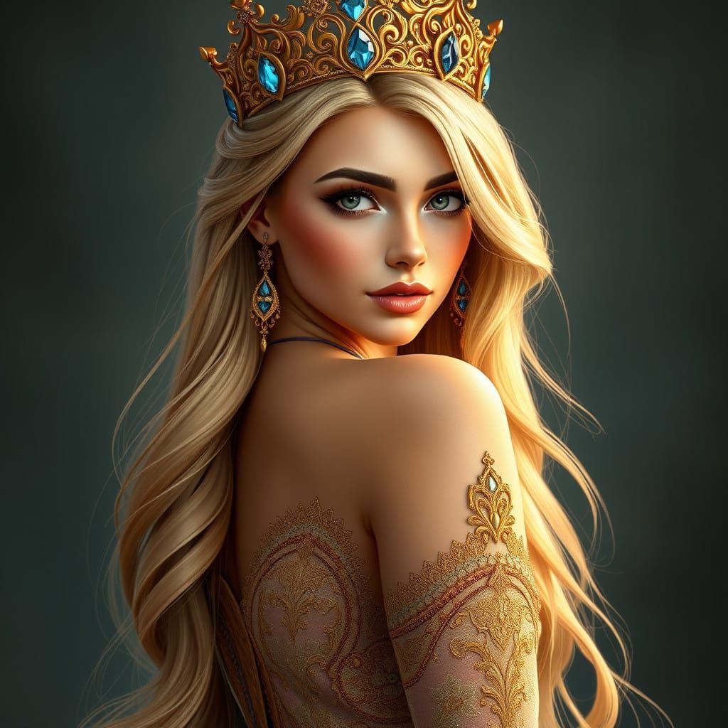 Stunning Woman with Golden Hair and Jeweled Crown