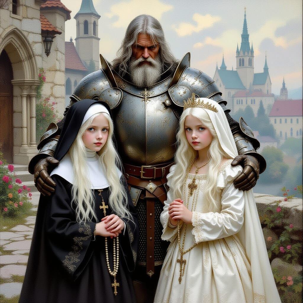 Medieval Scene: Knight with Nieces Before Abbey in Impressio...