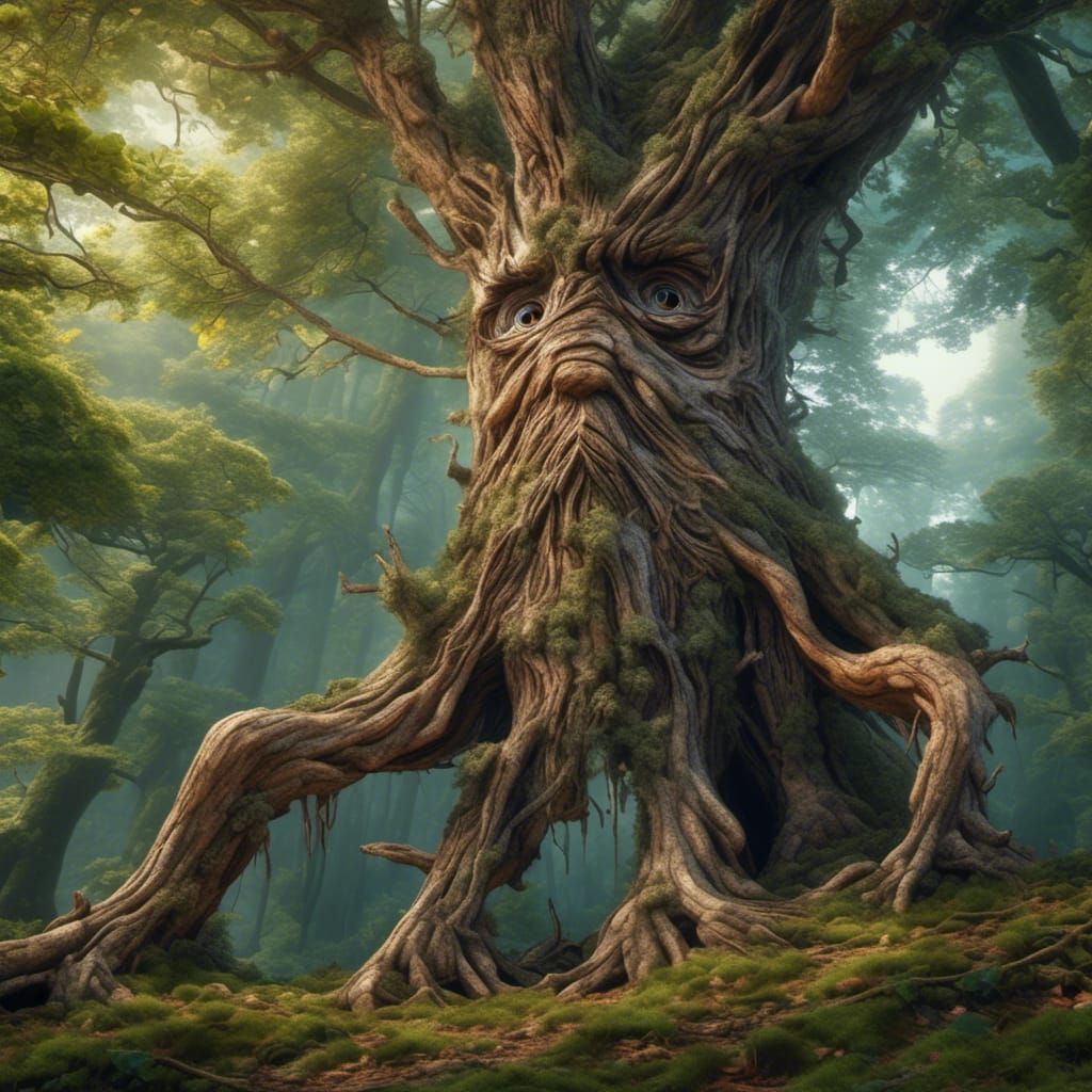Hyperrealistic Ent with Face Hidden in Bark