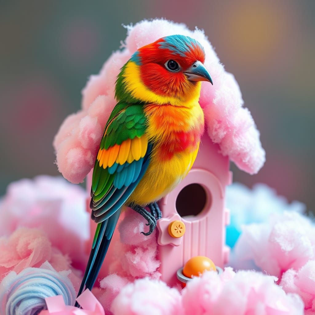 Colorful Bird on Cotton Candy Birdhouse, Surreal Art
