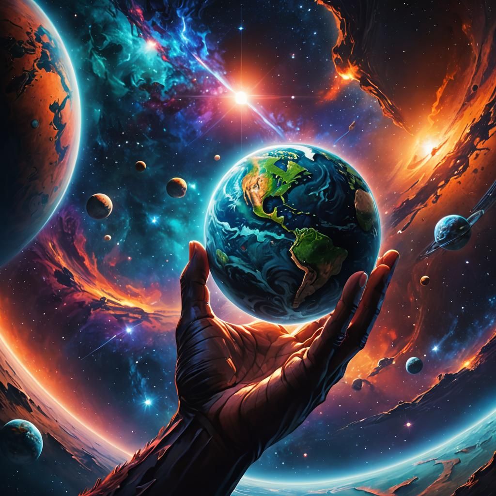God-like Hand Holds Planet in Space