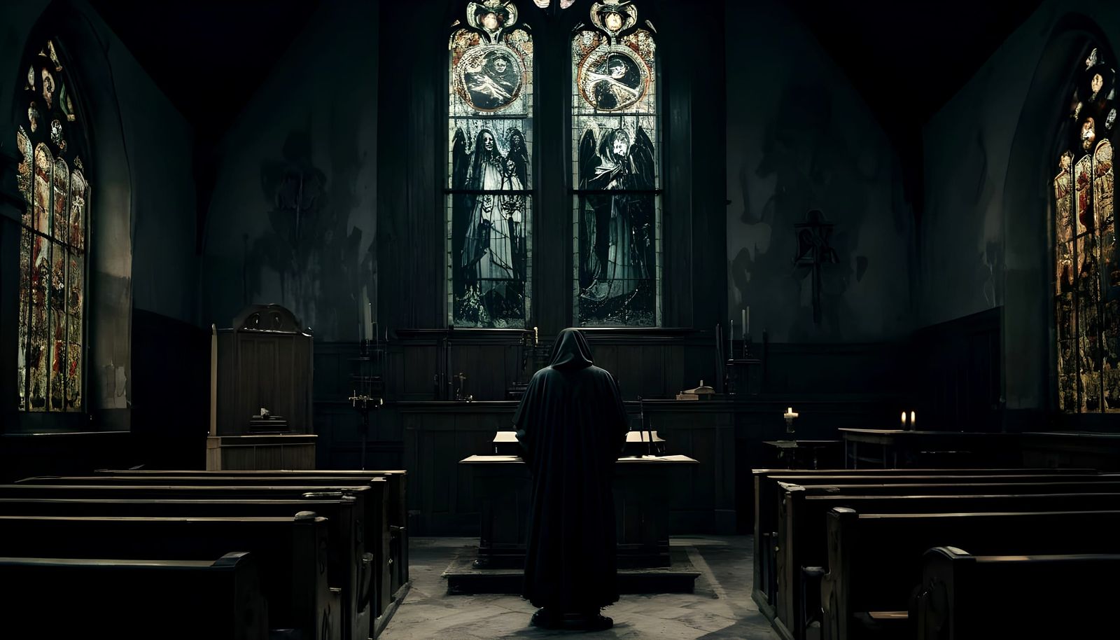 Zombie Parishioners in a Dark and Creepy Church