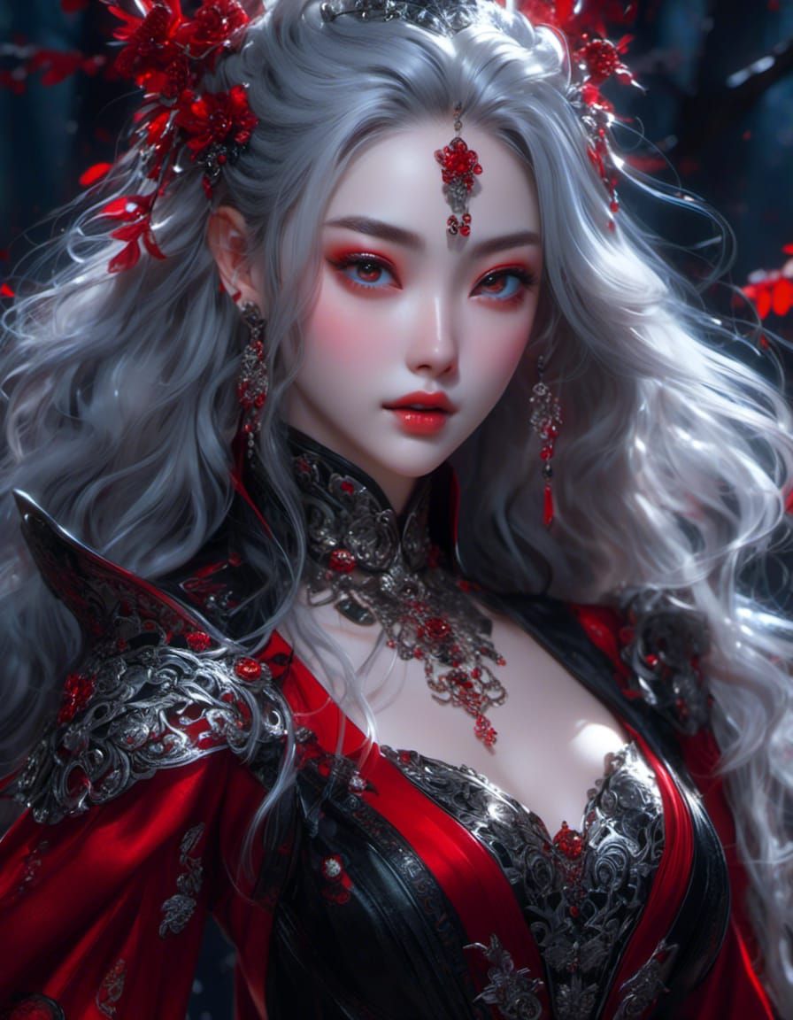 Gothic Xianxia Woman Portrait with Twinkling Lights