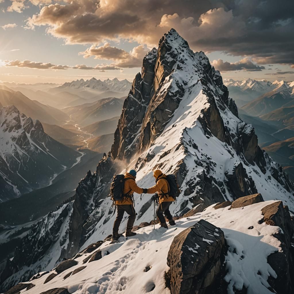 Triumphant Mountaineers in Golden Hour Adventure Art