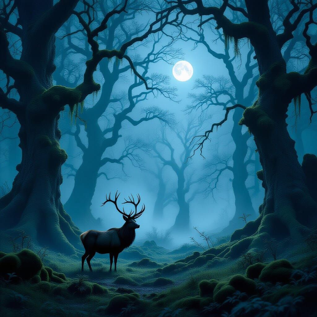 Majestic Stag in Moonlit Gothic Forest Clearing