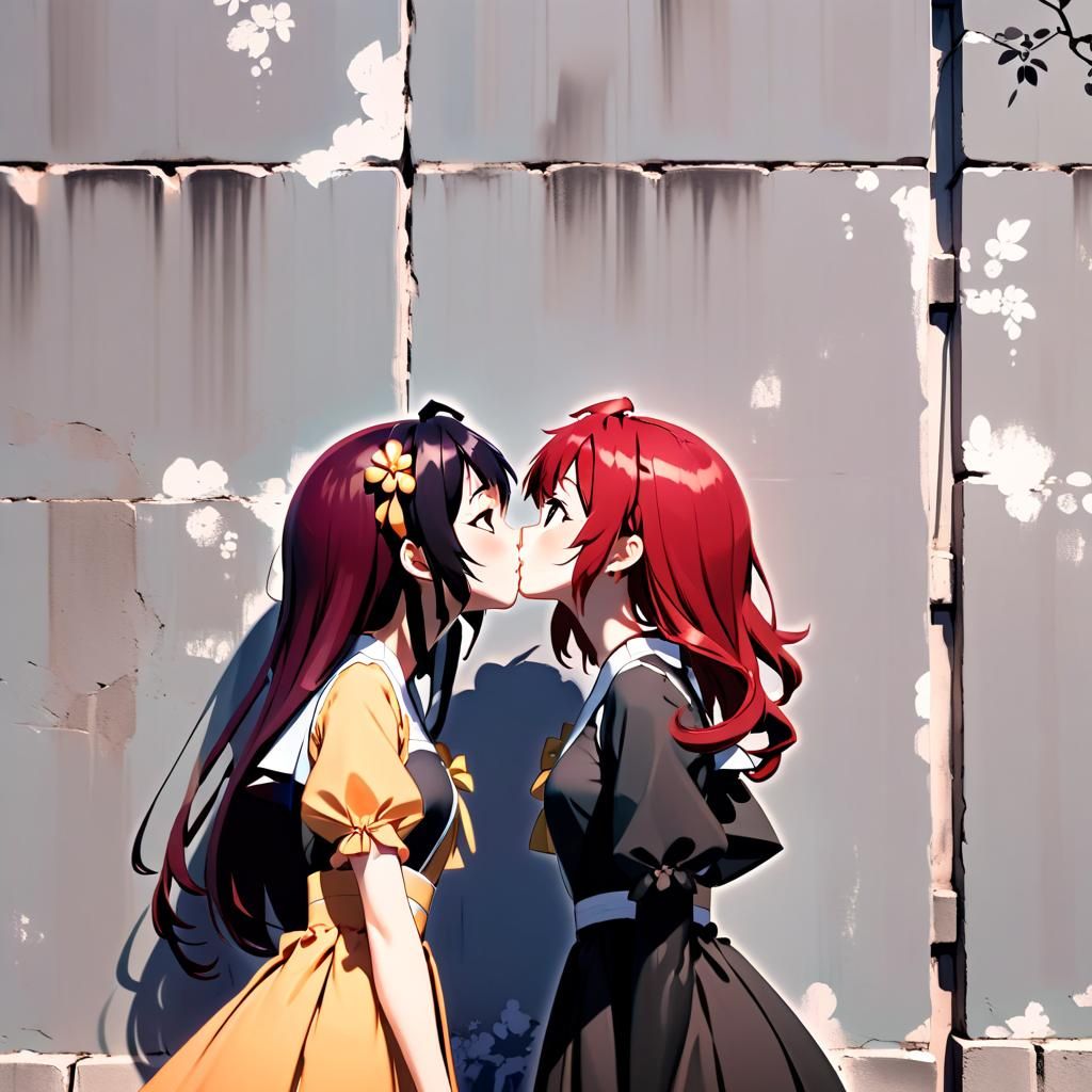 Cute Anime Girls Kissing in Cel-Shaded Style