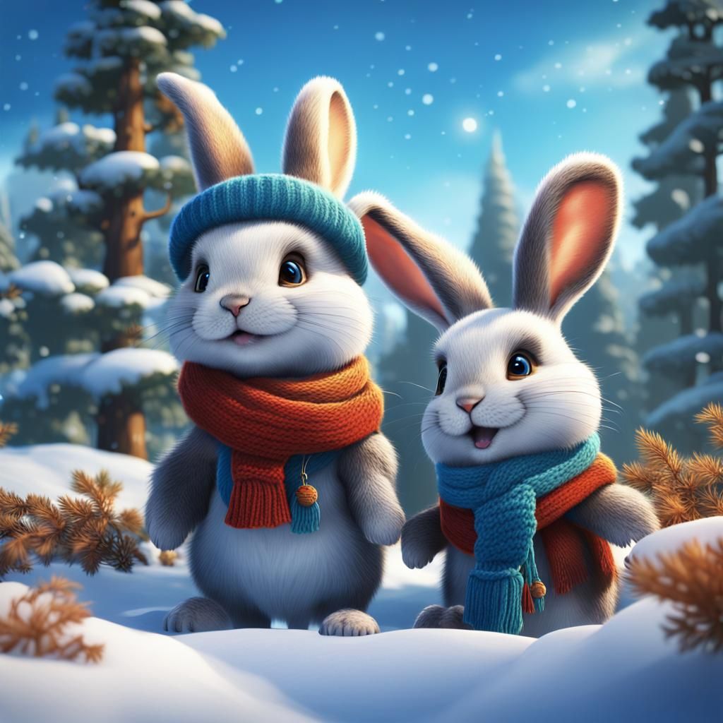Rabbits in Winter Hats: Detailed Matte Painting