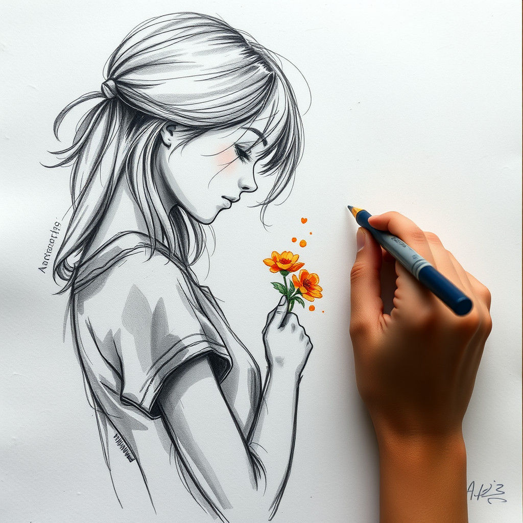 Sketch of Girl with Flower in Watercolor