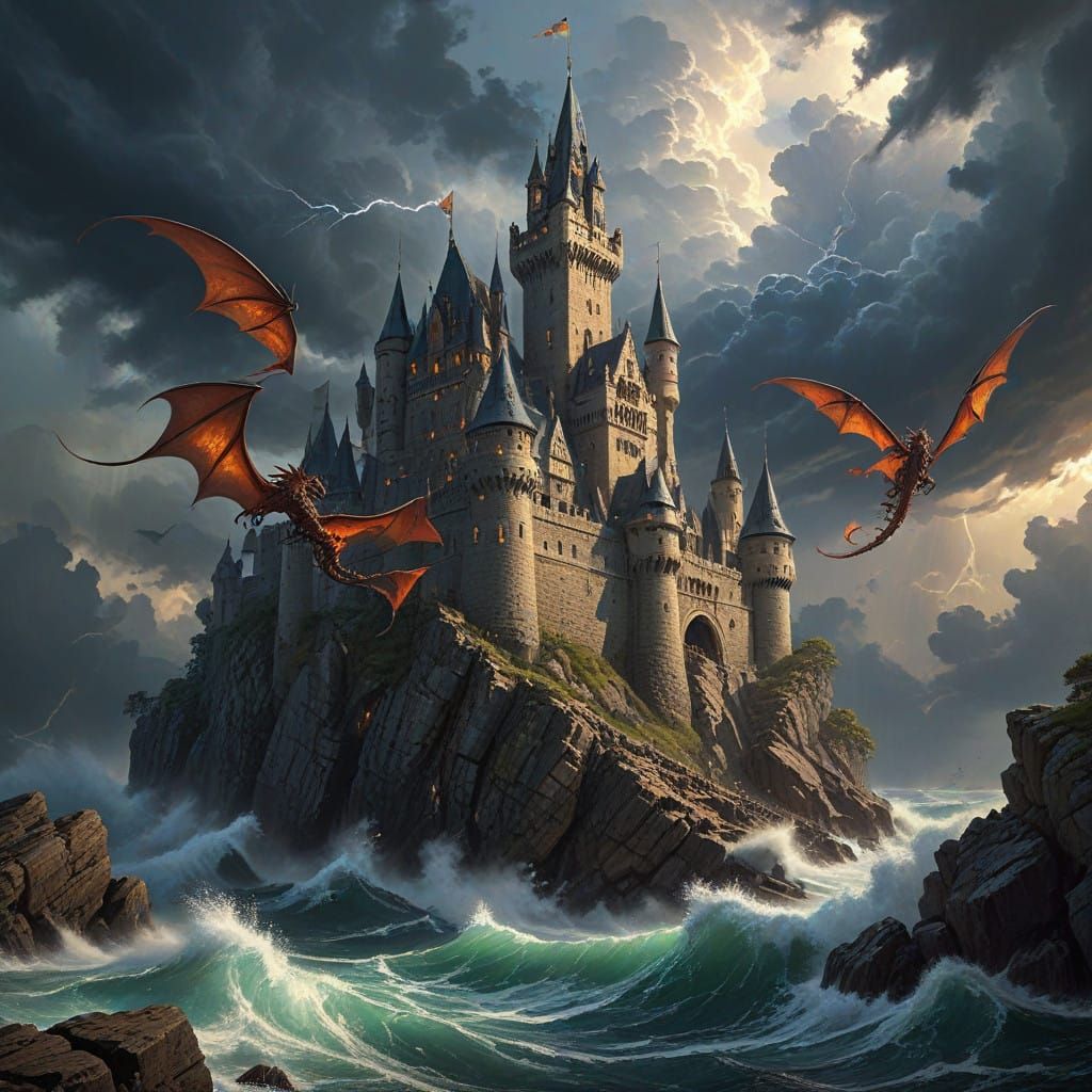Epic Fantasy Castle Amidst Stormy Seas and Dragon