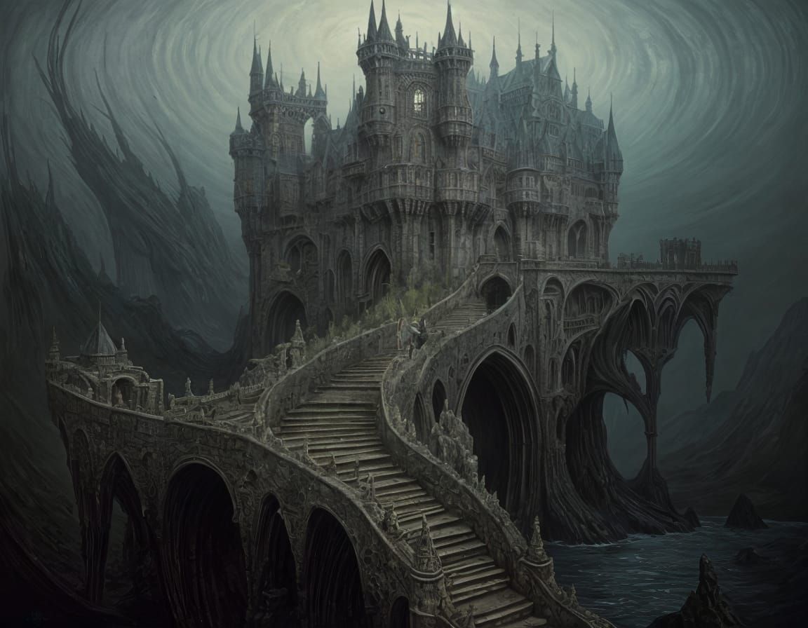 Twisted Castle Landscape in Dark, Surreal Style