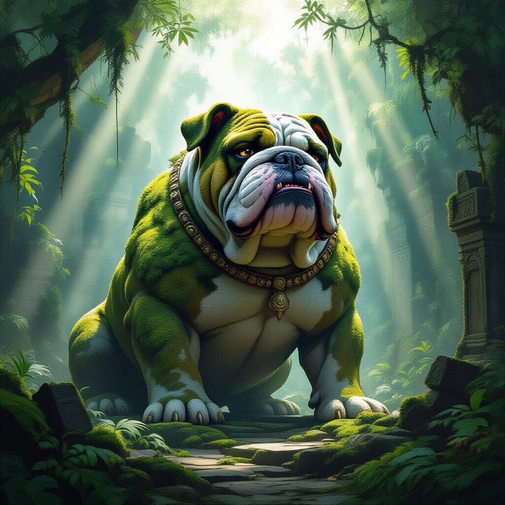 Ancient Granite Bulldog Guards Overgrown Temple in Misty Jun...