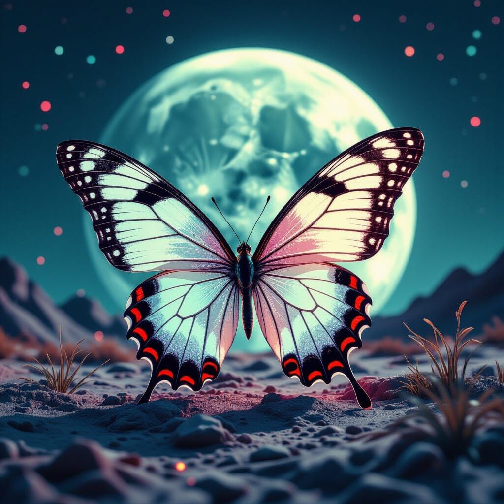 Albino Butterfly on Moon with Neon Hues