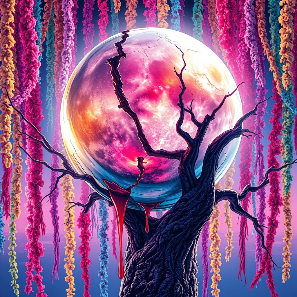 Shattered Chrome Moon with Neon Garlands