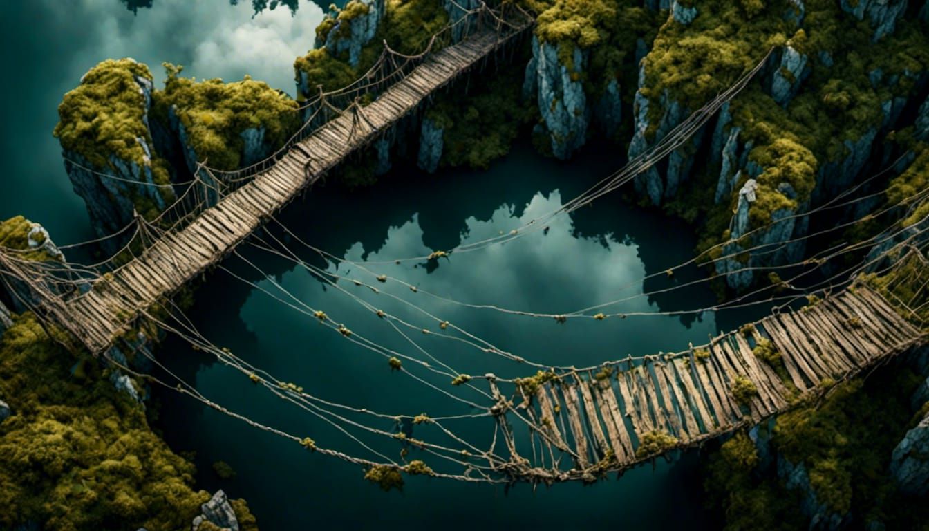 Apocalyptic Abandoned Rope Bridge in Grungy Detail