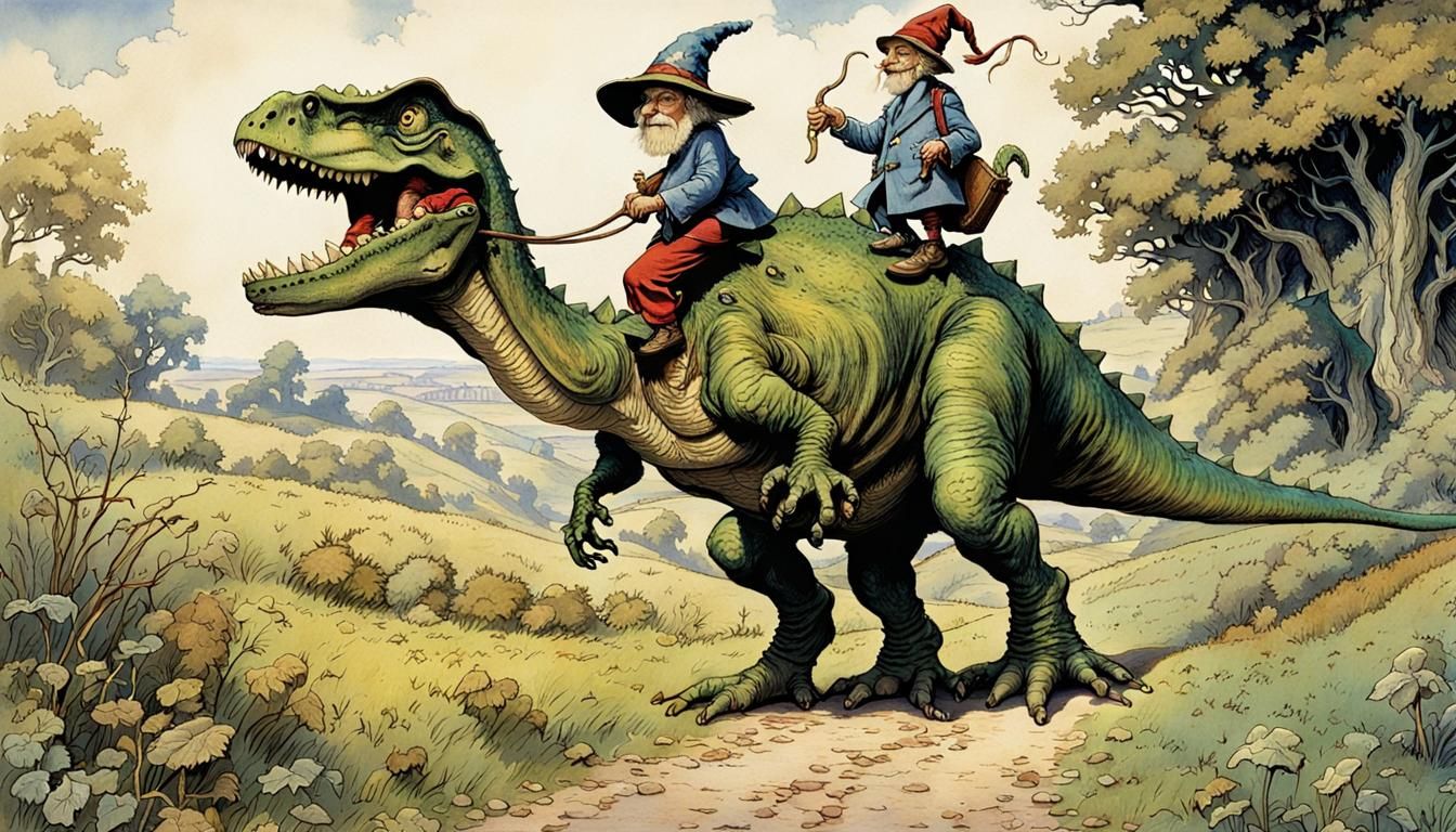 Wizard and Dinosaur Stroll, Illustrated Style
