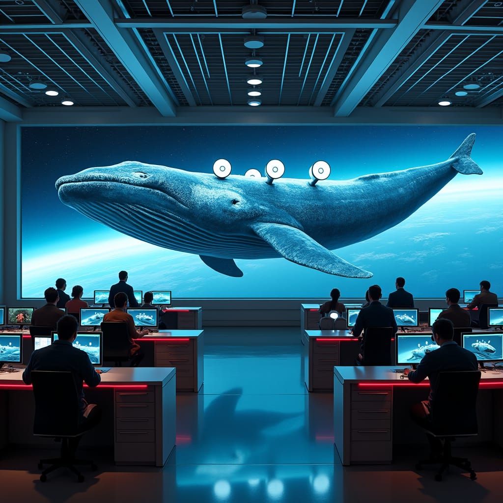 Futuristic Air Traffic Control Center Displaying Space Whale