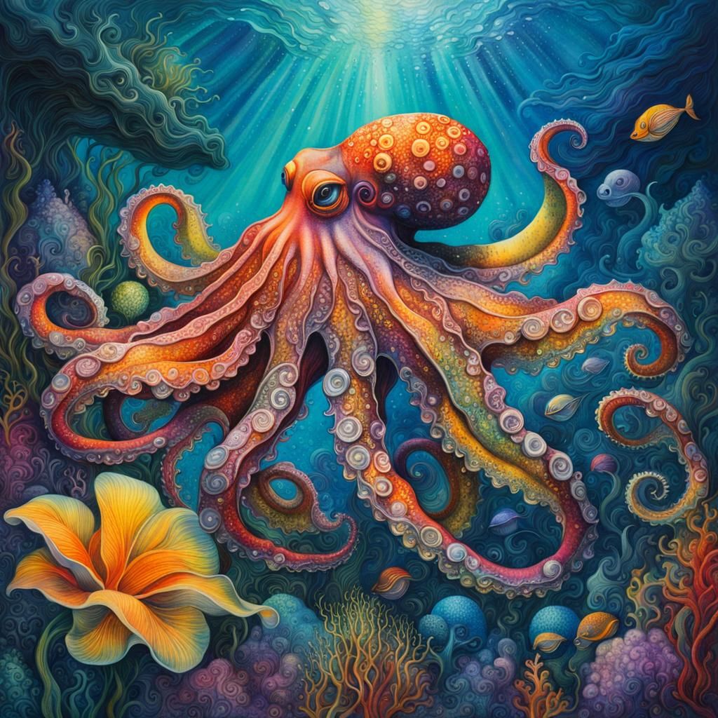 Brilliant Octopus in Dripping Silver Underwater Scene