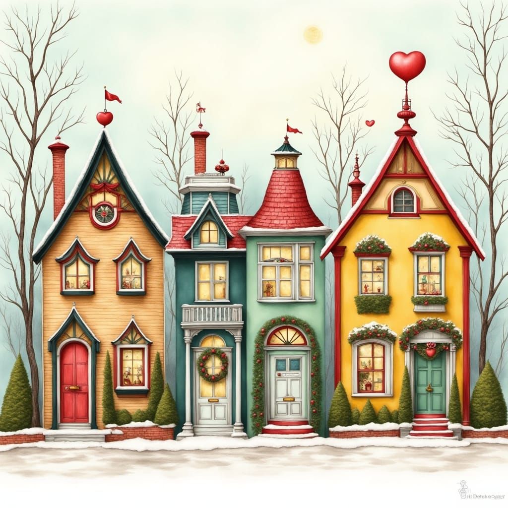 Quirky Christmas Houses Watercolor Sketch