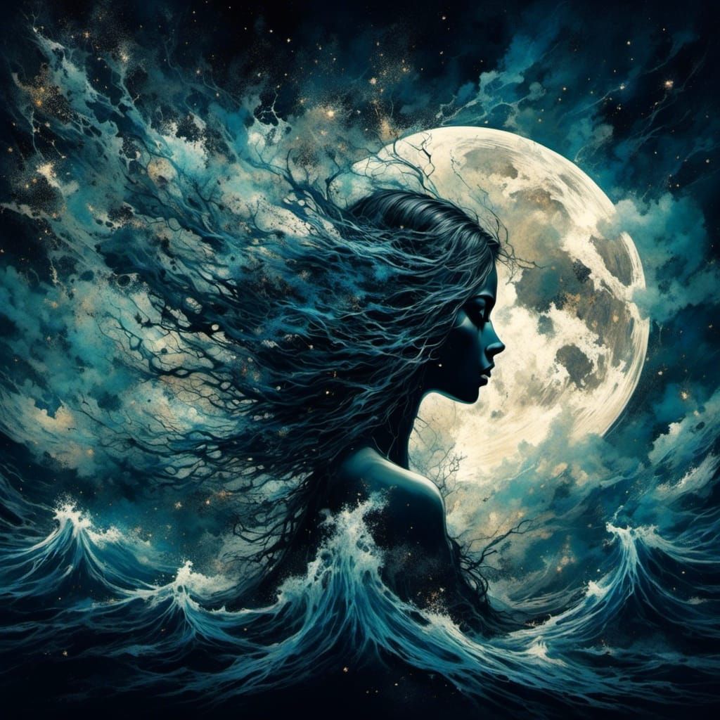 Elven Woman Silhouette in Night Sky Double Exposure