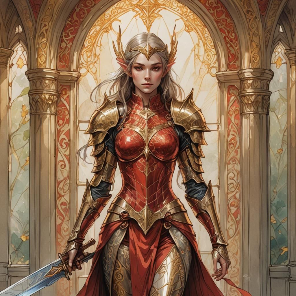 Elegant Elven Paladin in Red and Gold Armor