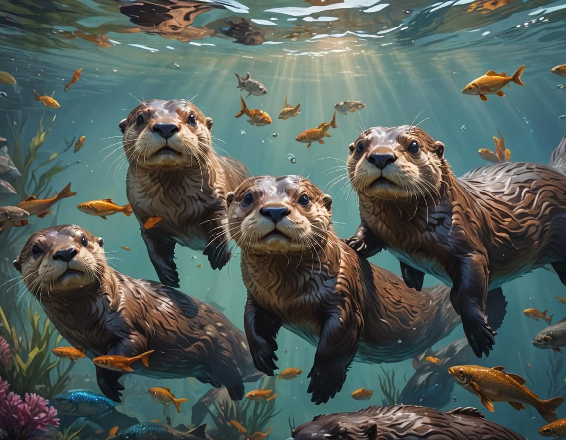 Graceful Otters in a Mountain Lake