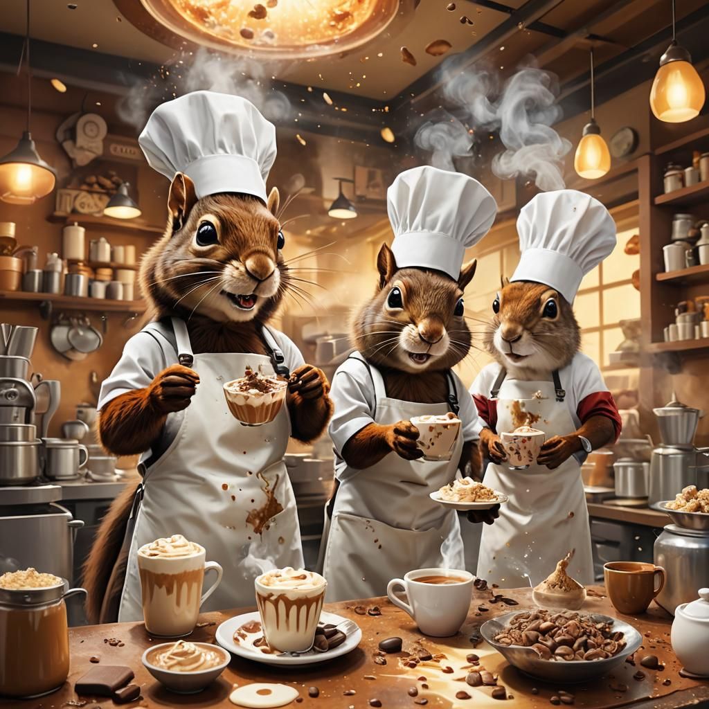 : make a whimsical of two squirrel workers  at coffee bean a...