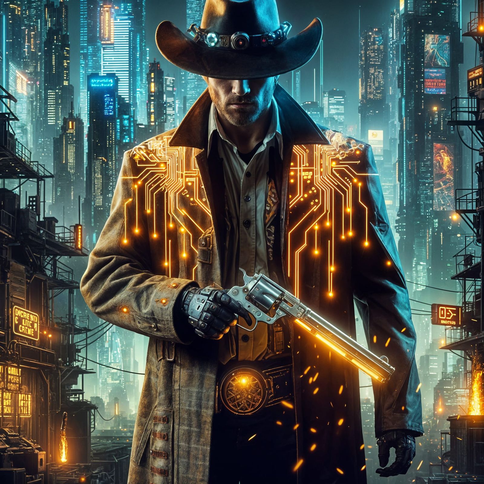Cyberpunk Cowboy in Neon Cityscape