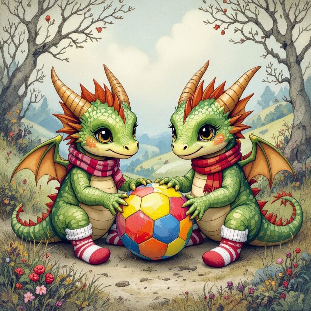 Whimsical Dragons Playing Ball in Folklore Style