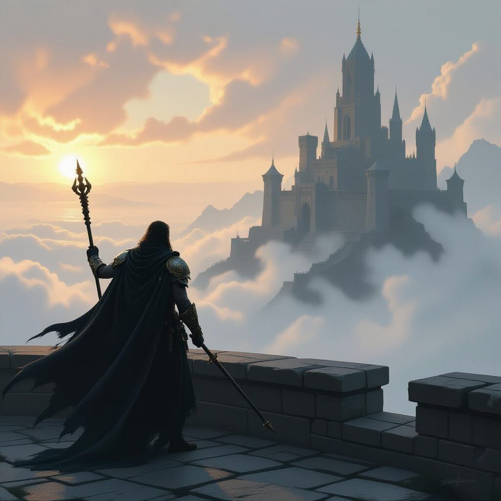 Man on Fortress Wall with Scepters, Mist-Shrouded Expanse