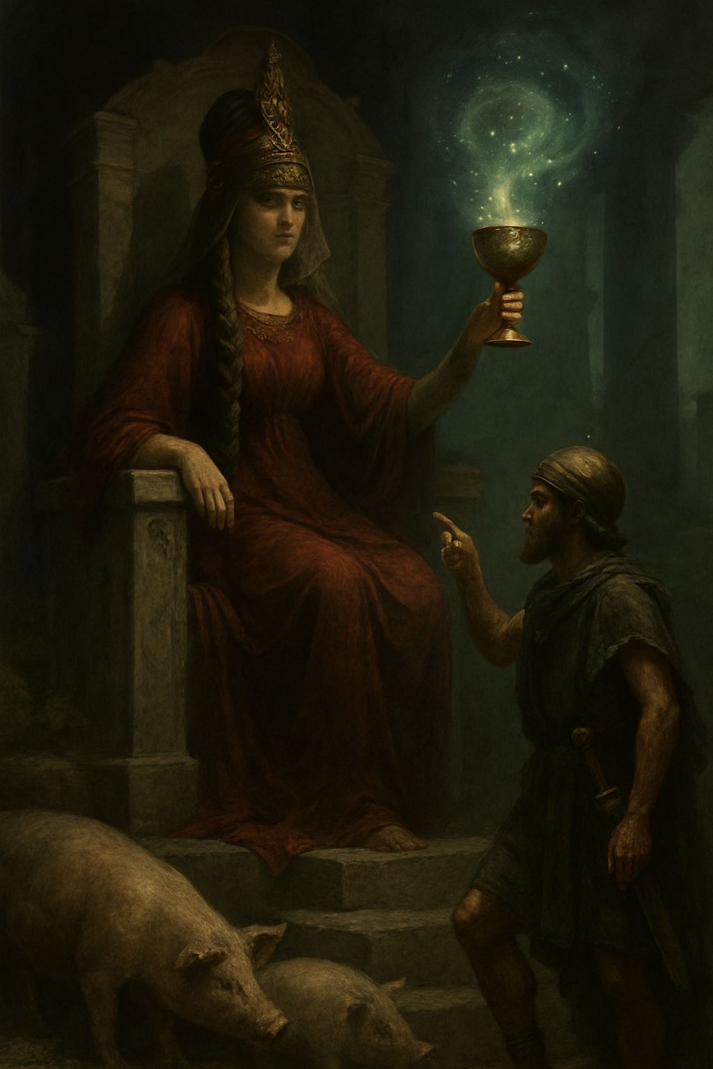 Odysseus and Circe in Ethereal Greek Myth Scene