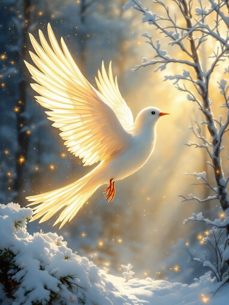 Radiant Bird in Snowy Forest Sunrise