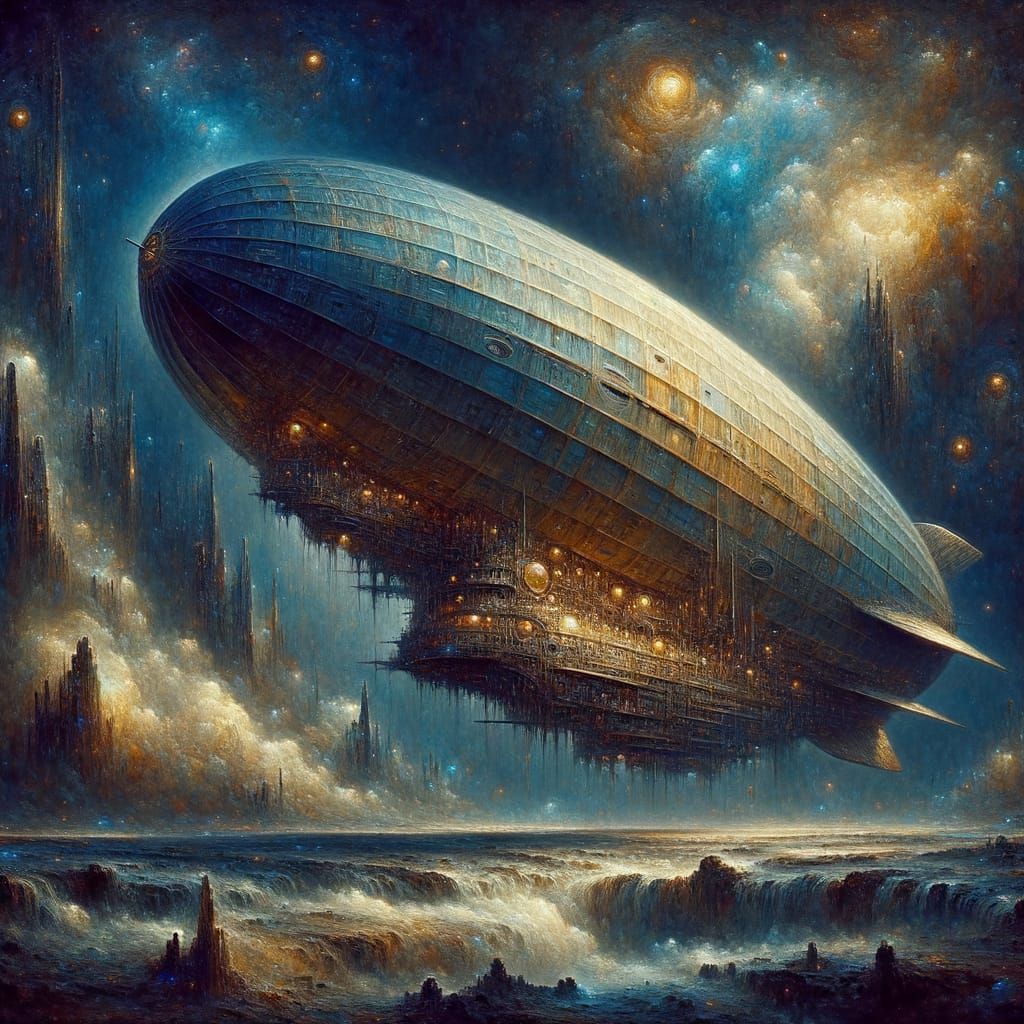 Ancient Airship Drifting Through Nebula in Symbolist Style