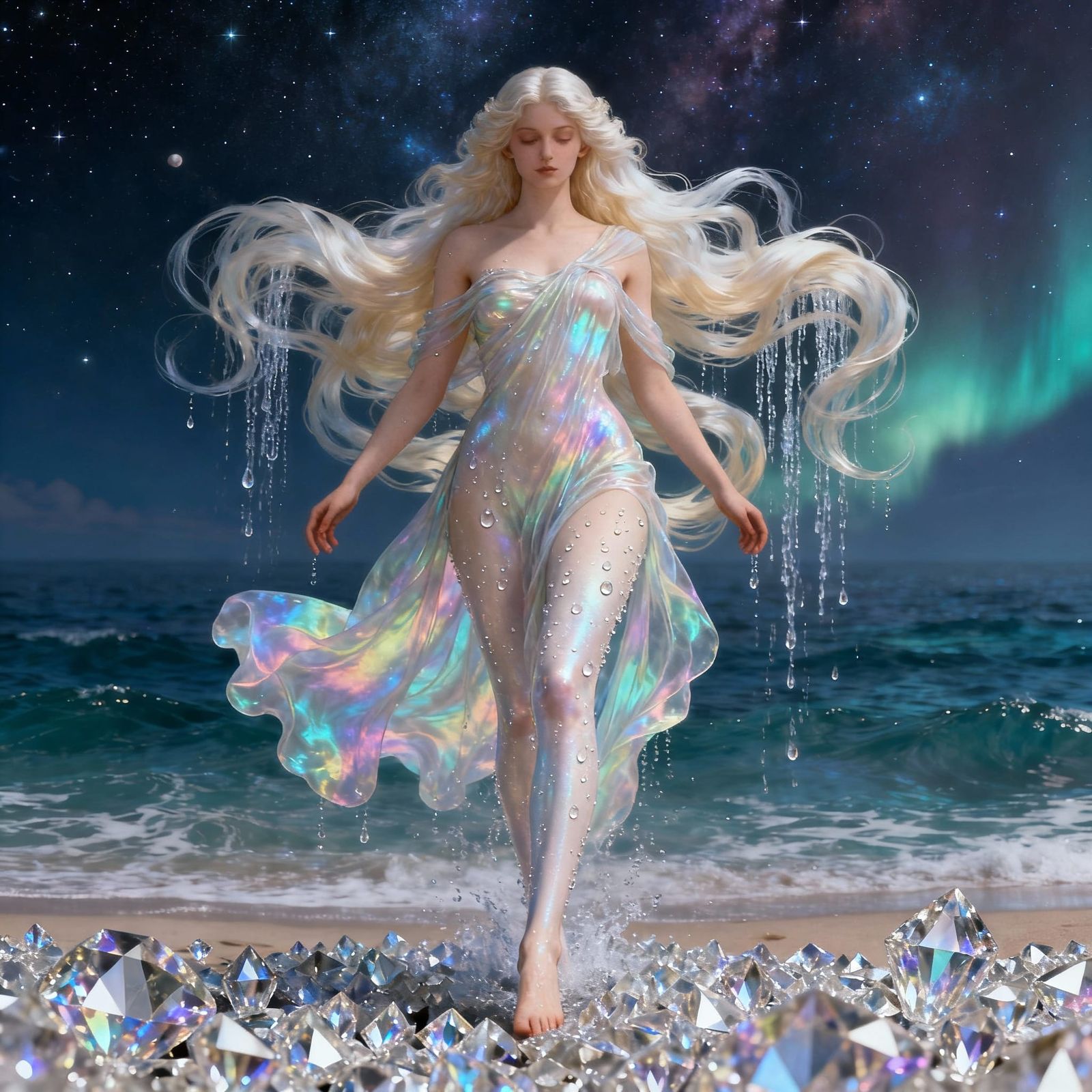 Goddess of Love Emerges from Cosmic Ocean in Ethereal Beauty