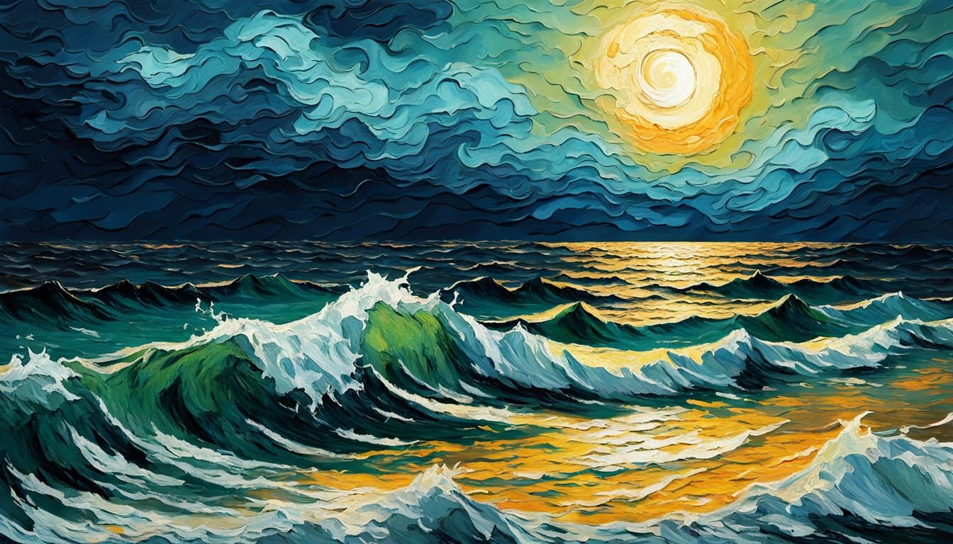 Impasto Moonrise Over Stormy Sea in Van Gogh Style