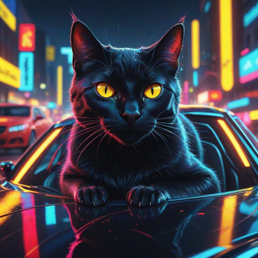 Black Cat Rides Fast Car in Oil Painting Style