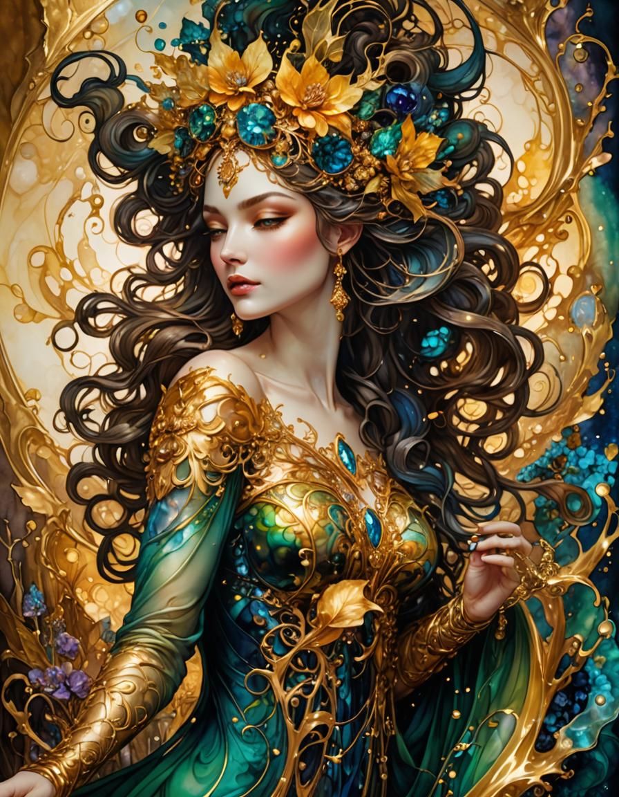 Fantasy Bottle with Molten Gold in Stained Glass Style