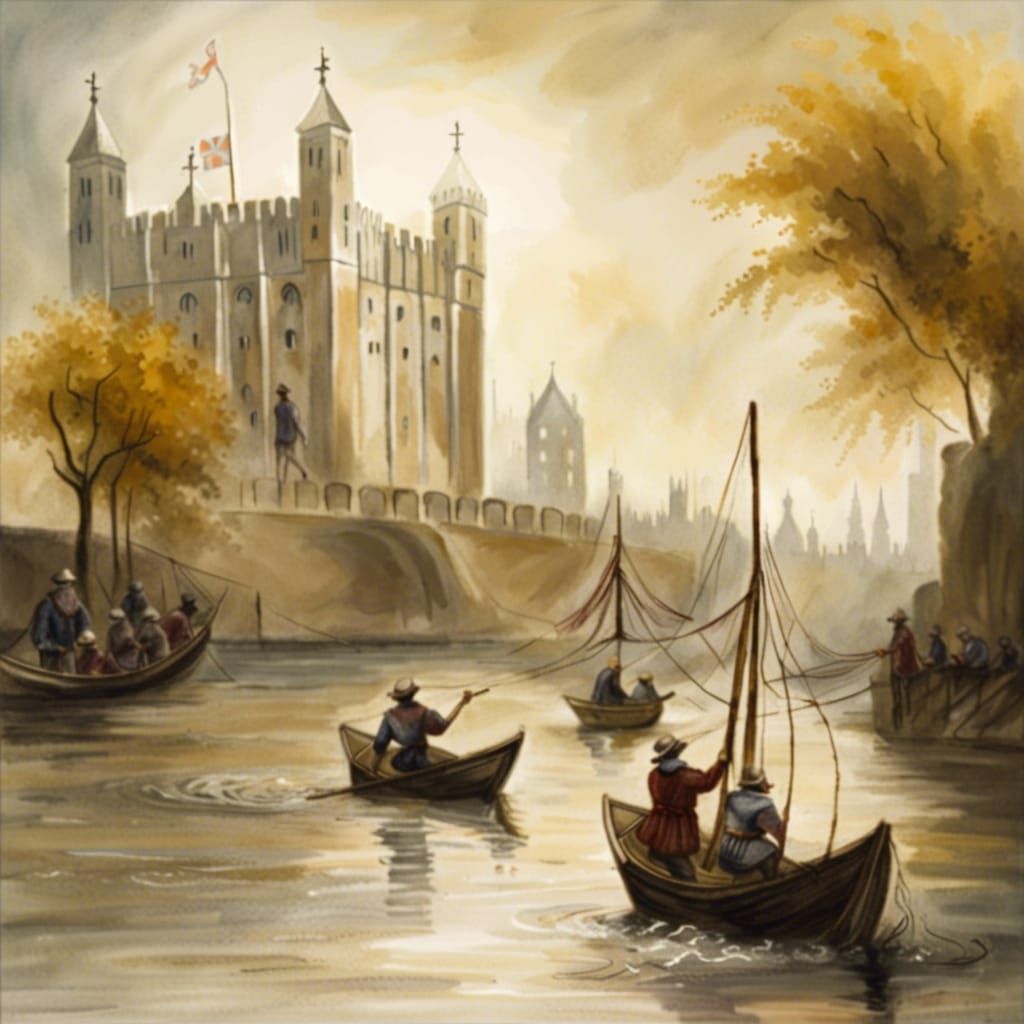 Medieval Fishermen on Thames in Grimy London