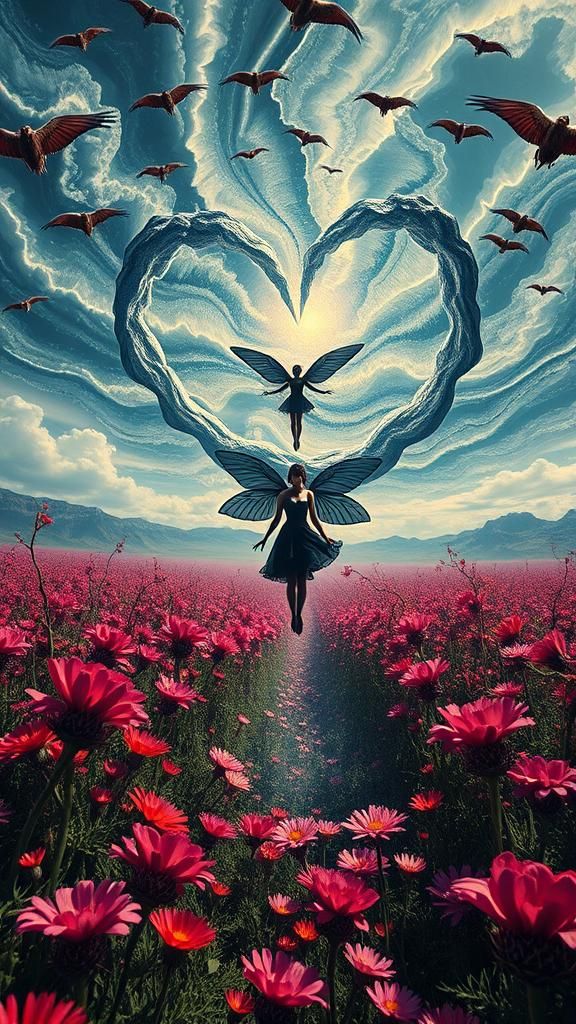 Surreal Landscape with Elastic Flora and Gothic Fairy