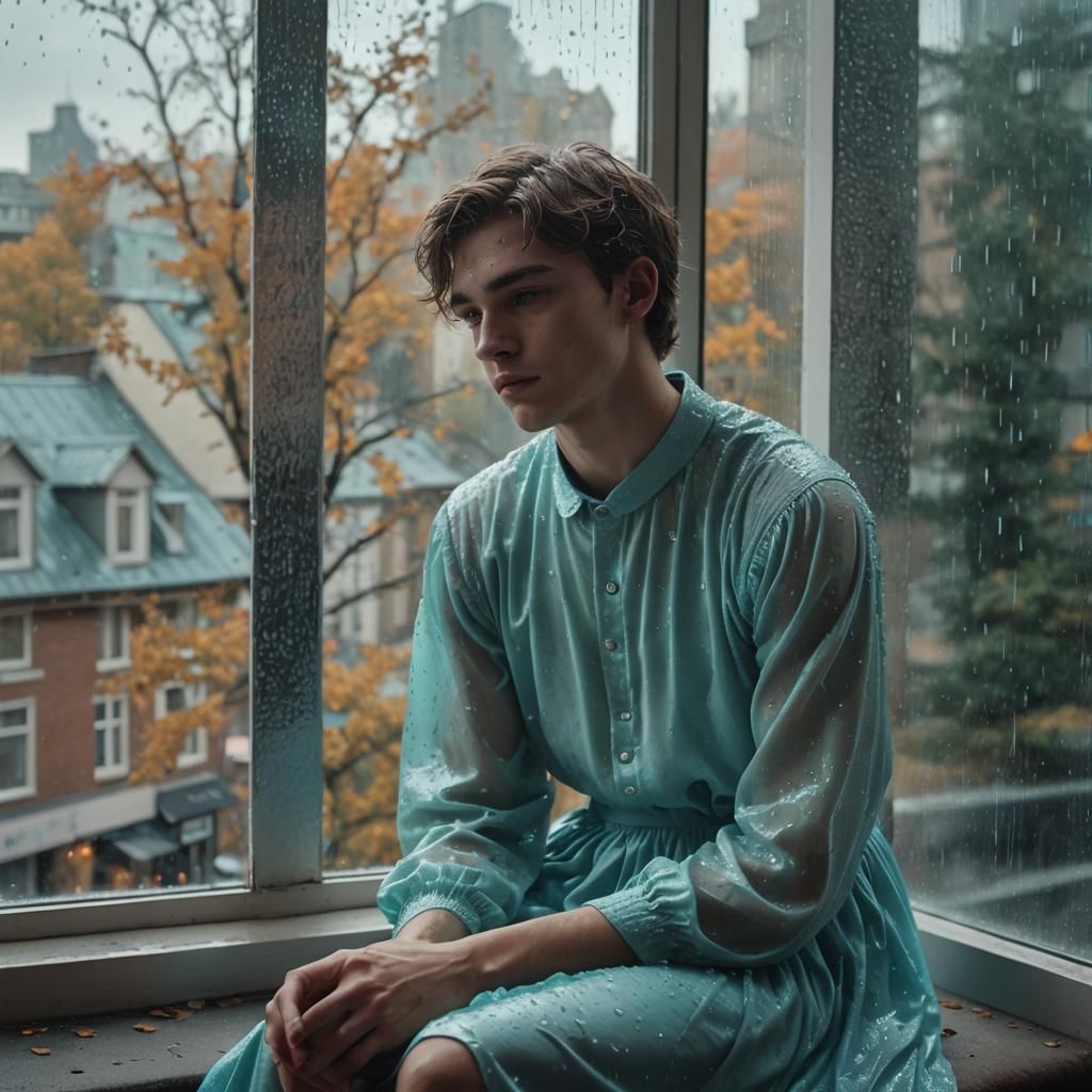 Boy in Cyan Dress on Rainy Autumn Day