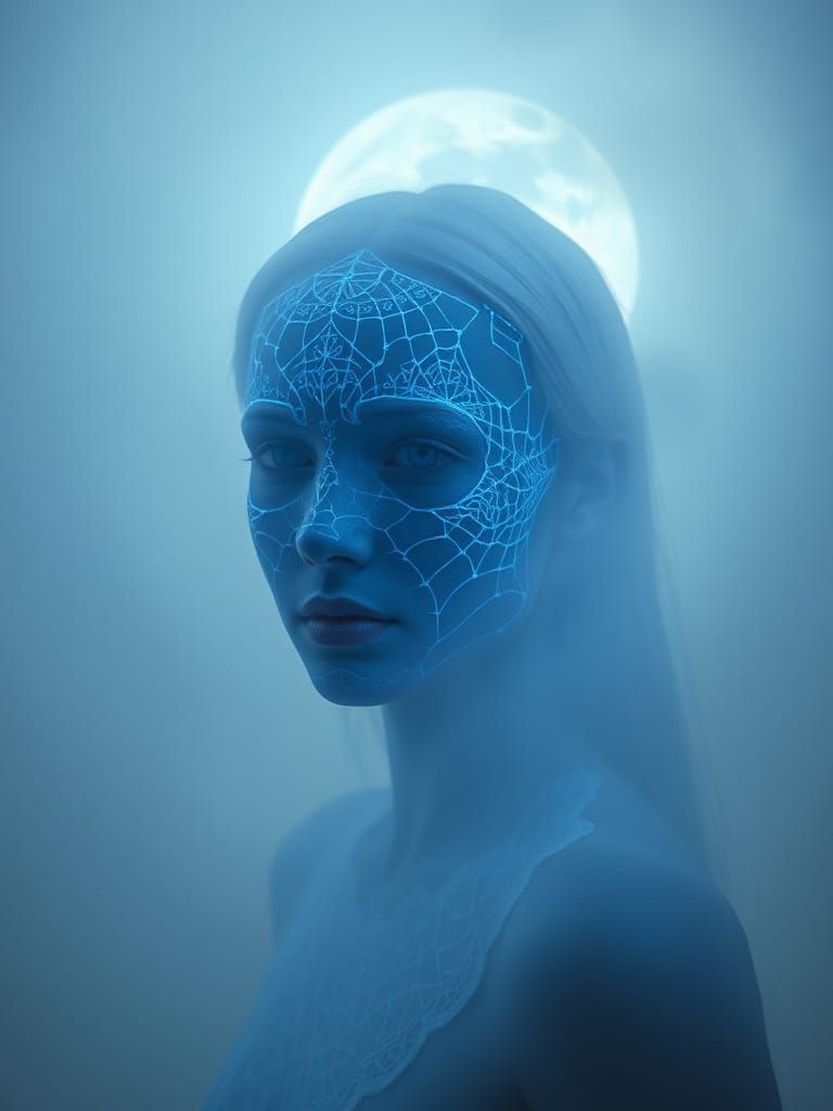 Albino Woman with Glowing Blue Lines in Fog