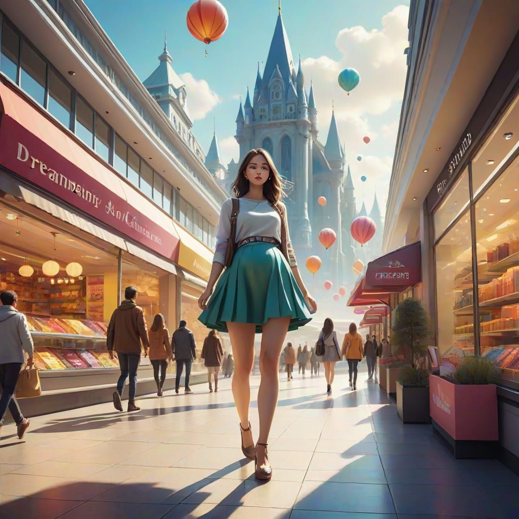 Giantess in Whimsical Fantasy Setting, Towering Over a Bustl...