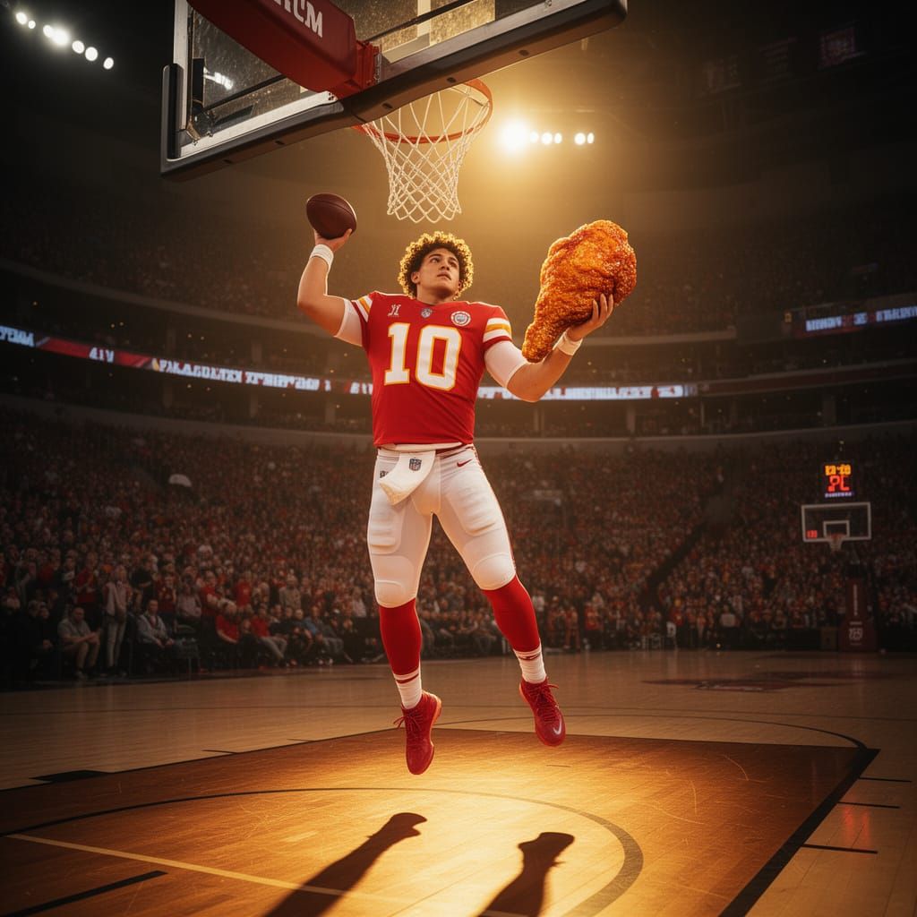 Patrick Mahomes Slam Dunking While Eating Fried Chicken